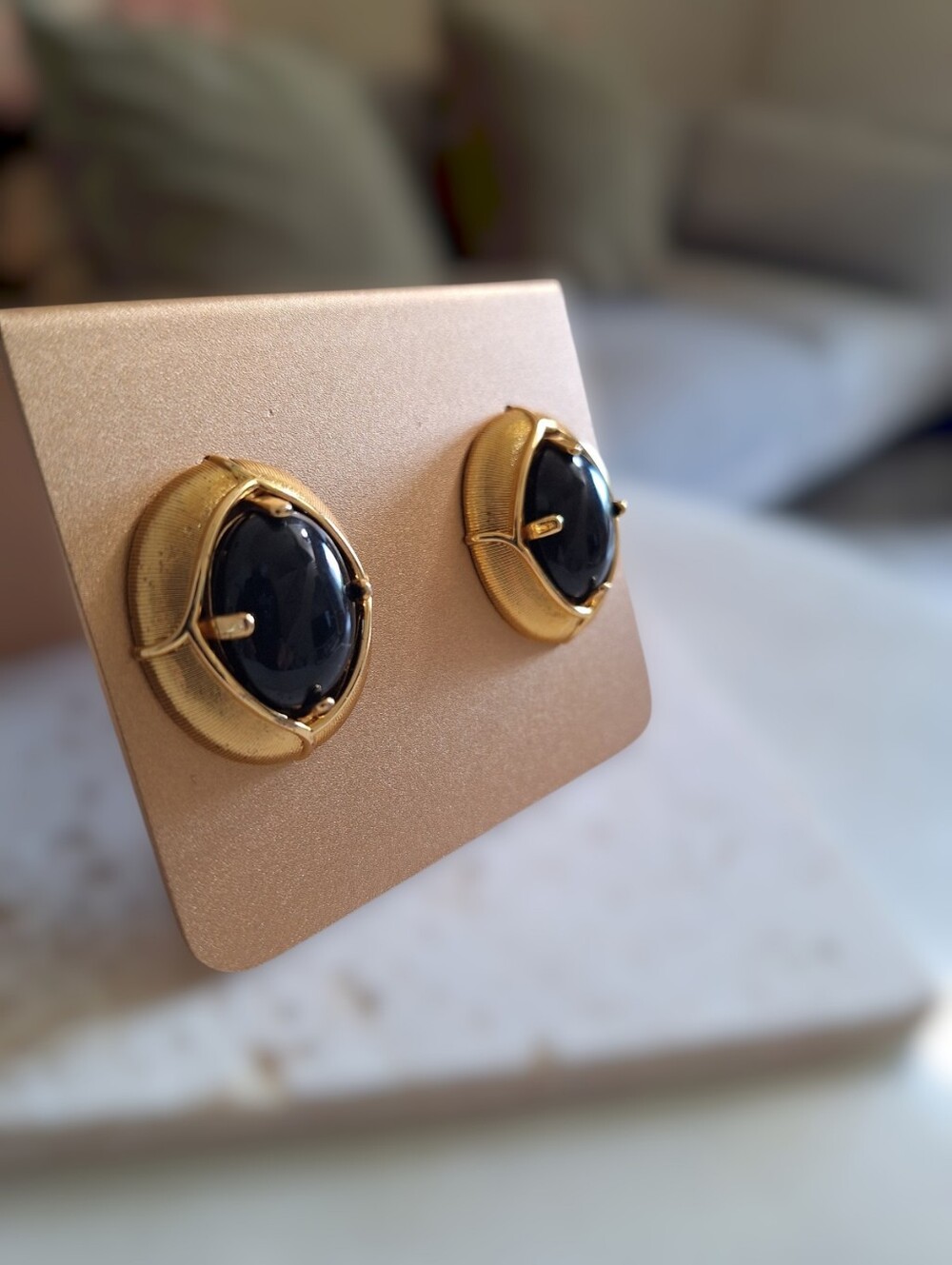 Gold-Plated Earrings with Black Cabochon Accent